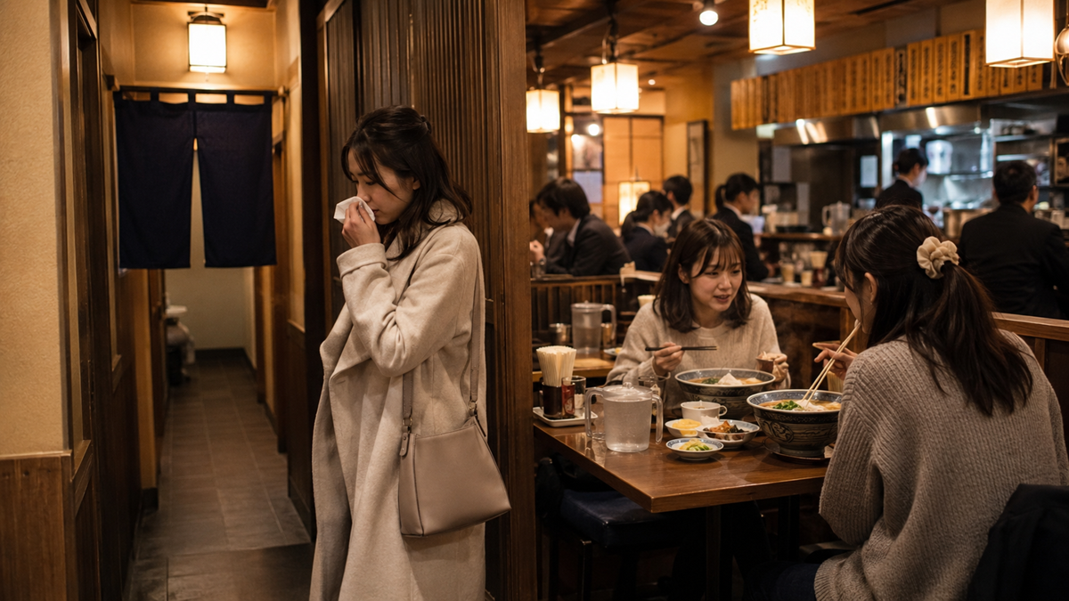 A woman in a light coat wipes her nose while walking past people eating at a busy restaurant with warm lighting and wooden decor.