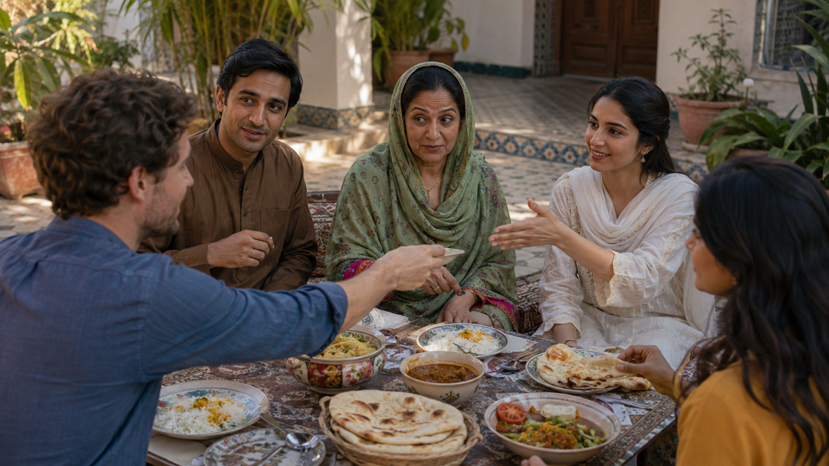 Five people sit around a table outdoors sharing a meal with dishes like naan, rice, and curry. Two people are shaking hands and everyone looks engaged and friendly. Plants and tiled walls are visible in the background.