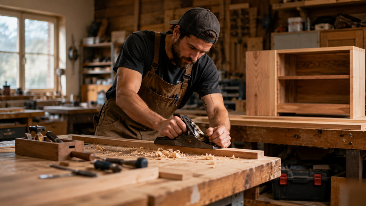 A man wearing a cap and brown overalls uses a hand planer to smooth a wooden plank in a woodworking shop, surrounded by tools and wooden furniture.