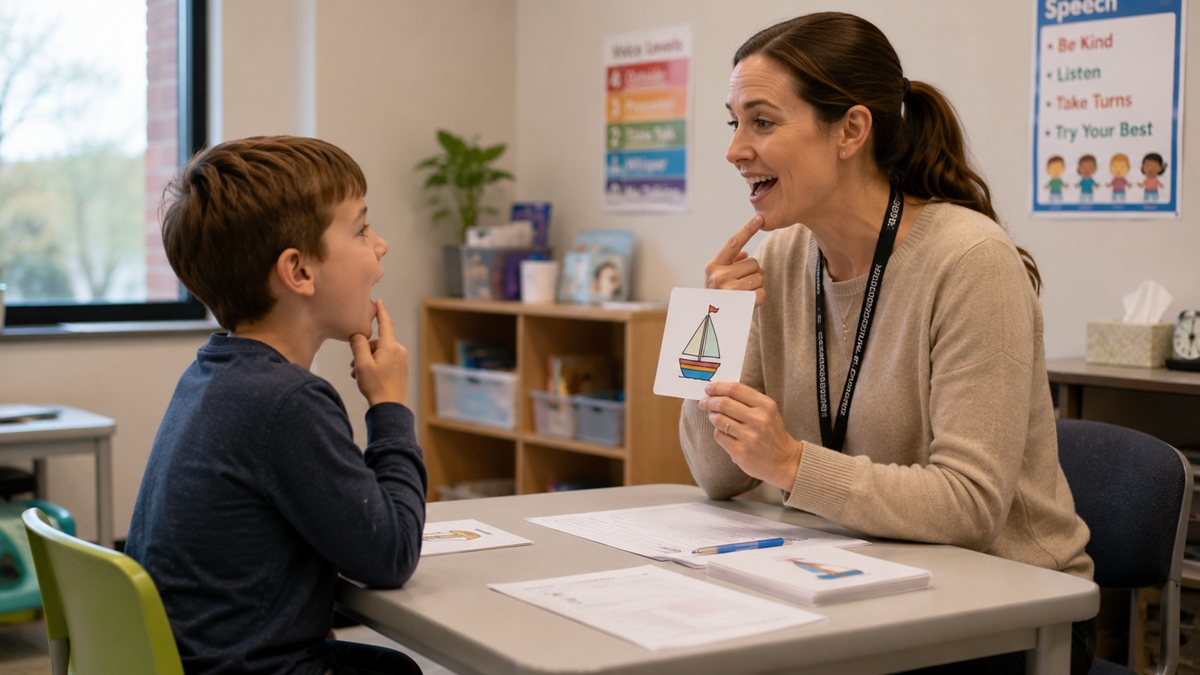 A woman holds a card with a picture of a sailboat and touches her chin while helping a young boy, who mimics her, during a speech therapy session in a classroom.