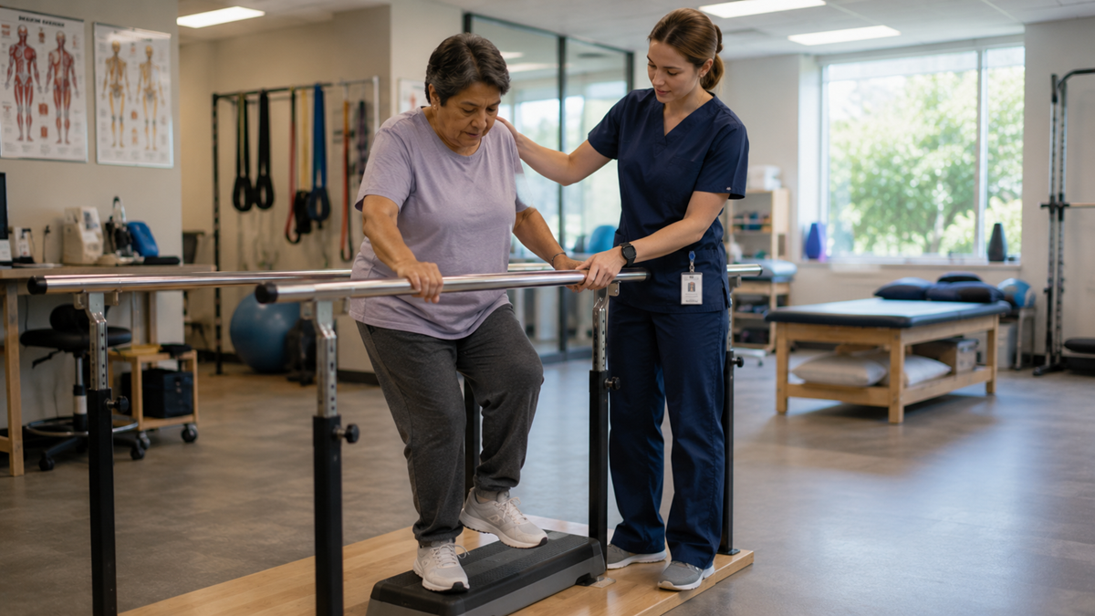 A physical therapist assists an older woman balancing on a step while holding parallel bars in a bright rehabilitation clinic. Job.