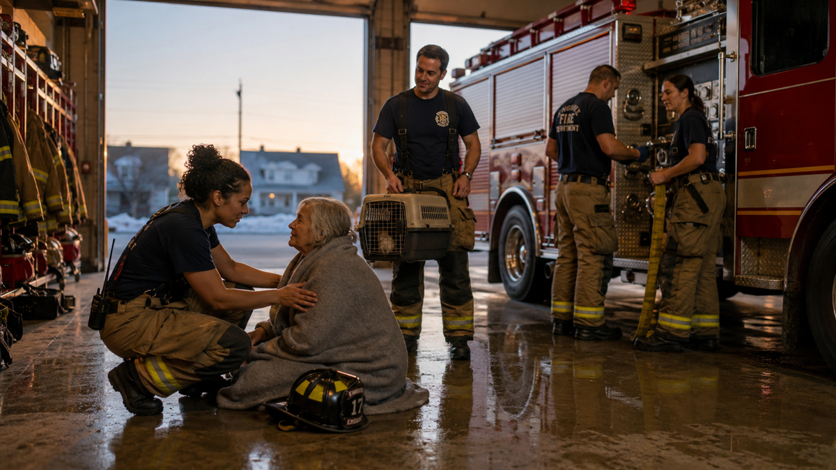 A firefighter comforts an elderly woman wrapped in a blanket as other firefighters and equipment are visible near a fire truck inside a fire station.