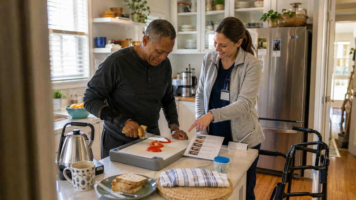 An older man slices a tomato on a cutting board in a bright kitchen while a woman in scrubs smiles and points to a recipe sheet. A walker and various kitchen items are nearby.