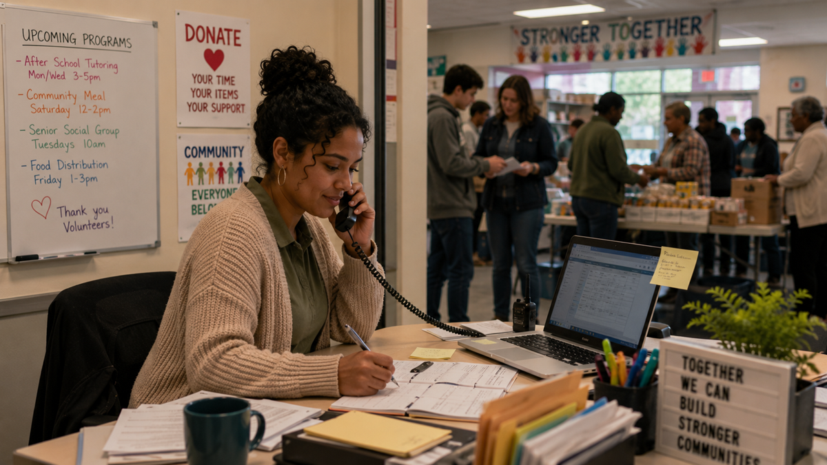 A woman sits at a desk in a community center office, taking a phone call and writing in a notebook. Behind her, volunteers assist people in a food pantry setting, with signs encouraging donations and community support visible on the walls.