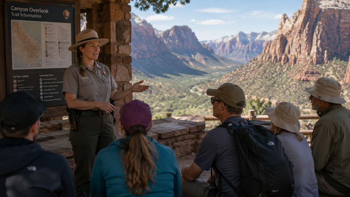 A park ranger speaks to a group of visitors at an overlook with canyon views, near an informational sign and surrounded by red rock cliffs and greenery.