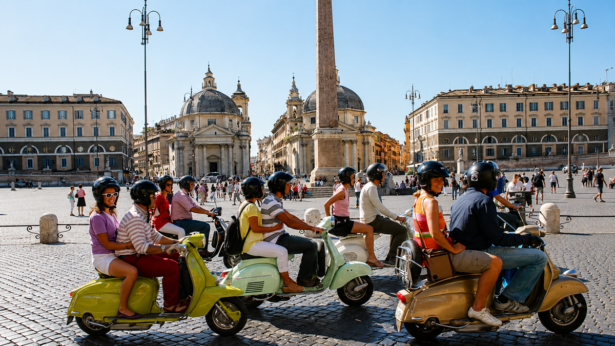 A group of people riding colorful scooters through a sunny city square with cobblestone pavement, historic buildings, an obelisk, and domed churches in the background. All riders wear helmets and summer clothing.