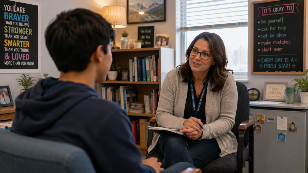 A woman with glasses talks to a seated student in an office decorated with motivational posters, books, and a window letting in natural light. The scene suggests a counseling or supportive conversation.