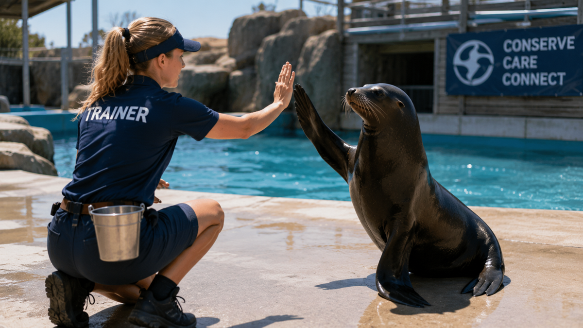 A blonde animal trainer in a blue uniform kneels by a pool, giving a high-five to a dark brown sea lion sitting on the concrete edge. A sign behind them reads "CONSERVE CARE CONNECT.