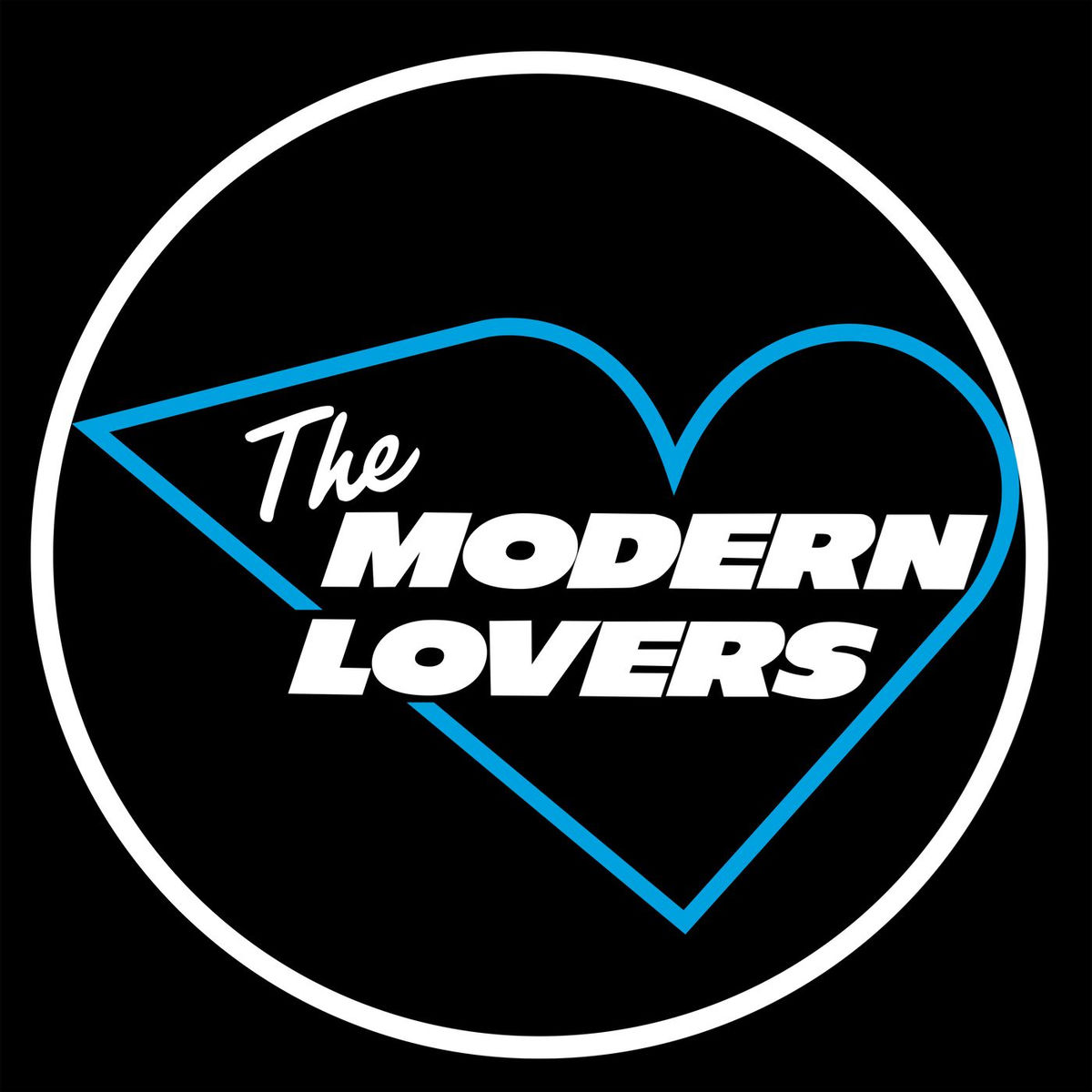 A black background with a blue-outlined heart and white circle. Inside, white text reads "The Modern Lovers" with "Modern Lovers" in bold, all caps font.