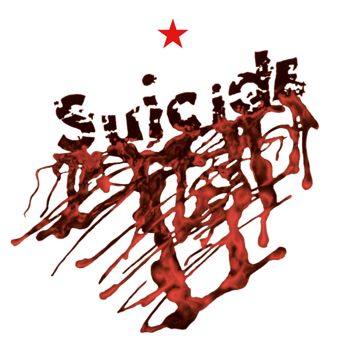 The word "Suicidal" in a distressed font with dripping red paint below it, resembling blood, and a single red star above the text, all set against a white background.