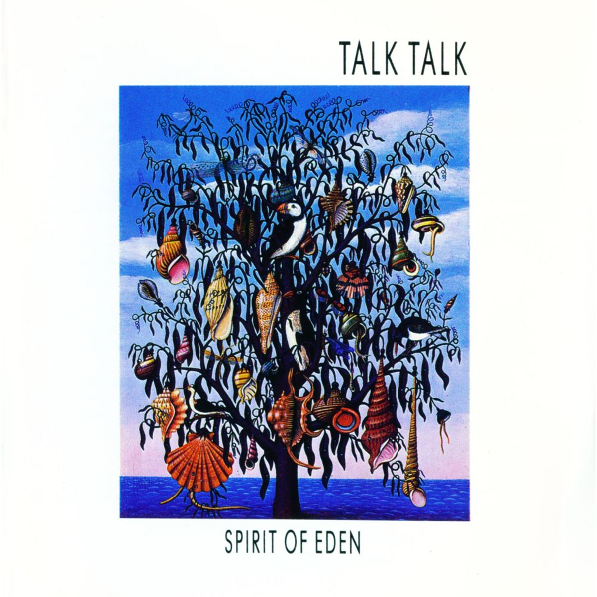 Album cover for "Spirit of Eden" by Talk Talk, featuring a tree with black branches adorned with various colorful seashells and marine objects, set against a blue ocean and sky background.
