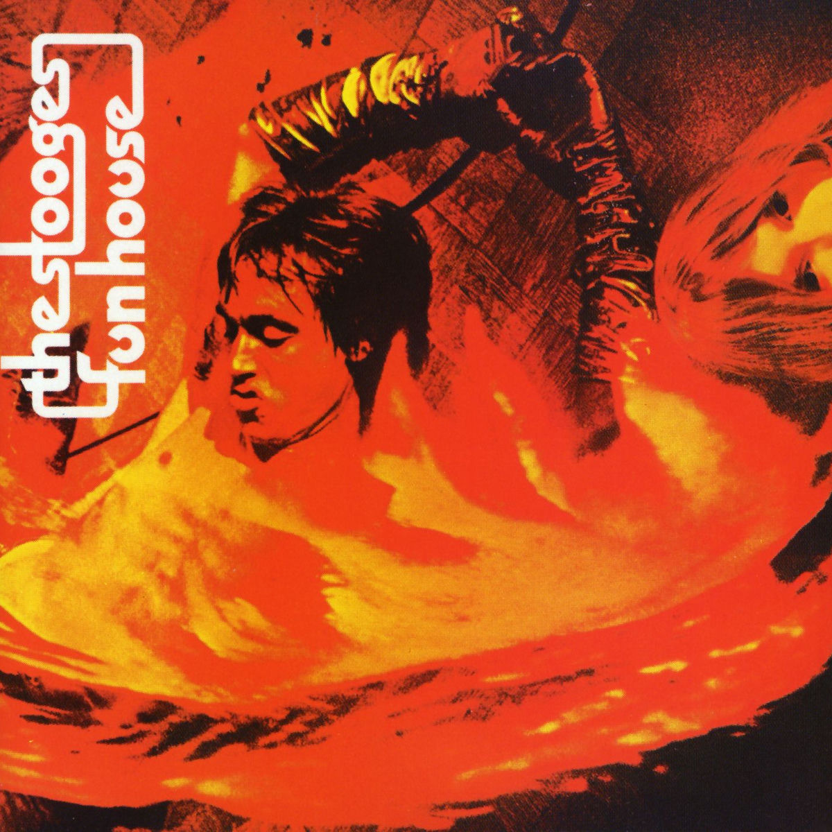 Abstract red-tinted image featuring two people, one with short dark hair and another with long light hair, amid swirling patterns. The text reads "The Stooges Funhouse" in white stylized font on the left side.