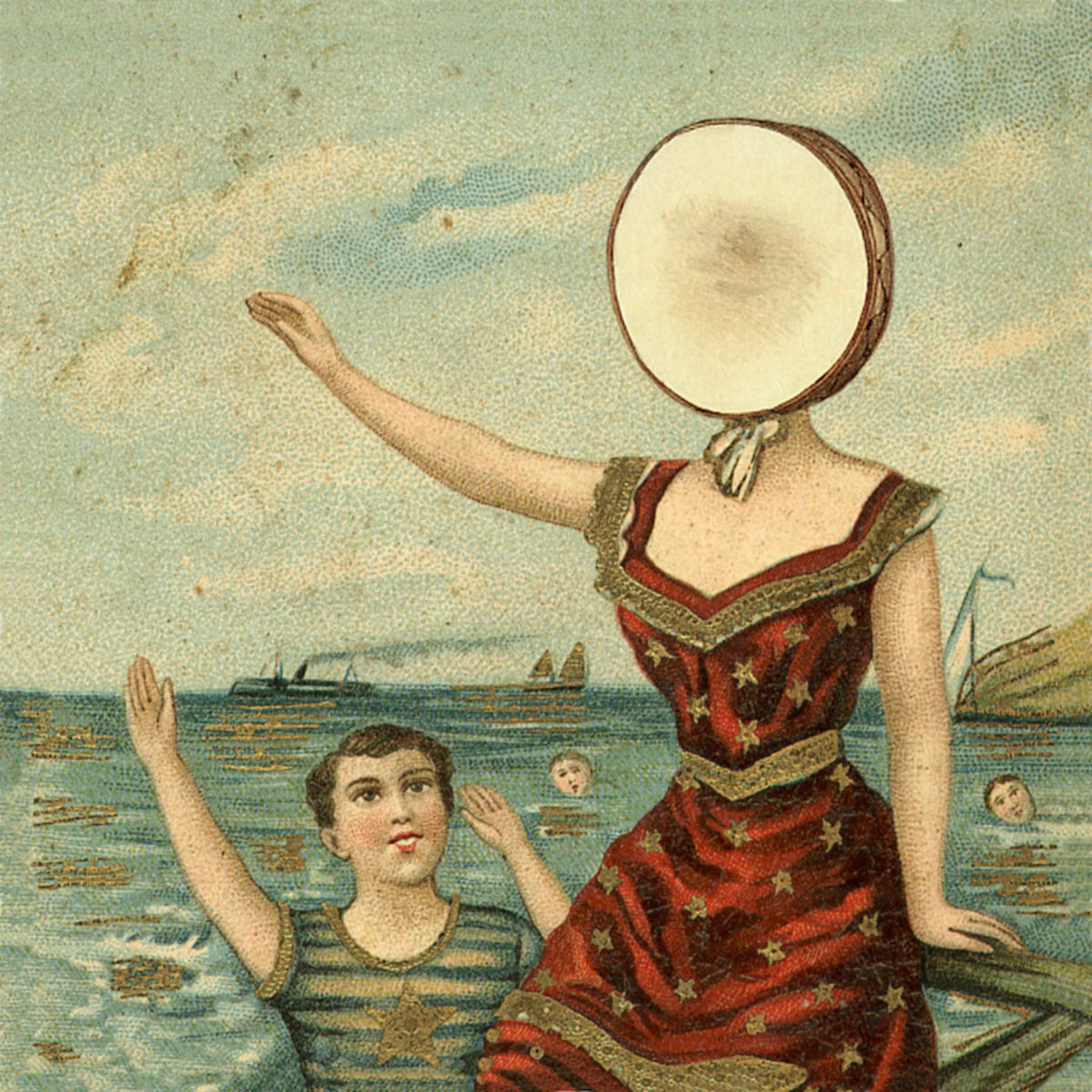 A vintage illustration shows a woman in a red dress with a drum for a head sitting by the sea, and a child in striped swimwear raising an arm in the water. Several people swim in the background.