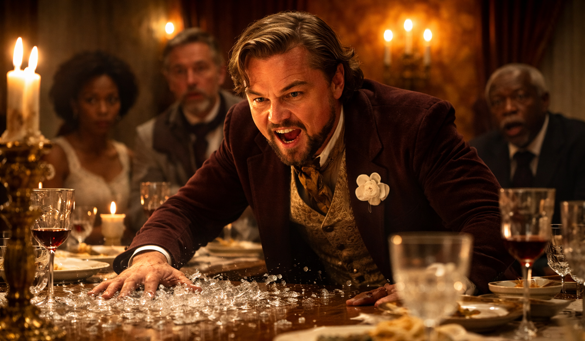A well-dressed man angrily leans over a dinner table, smashing glass with his hand, while others look on in shock. Elegant tableware, candles, and a dramatic atmosphere complete the scene.