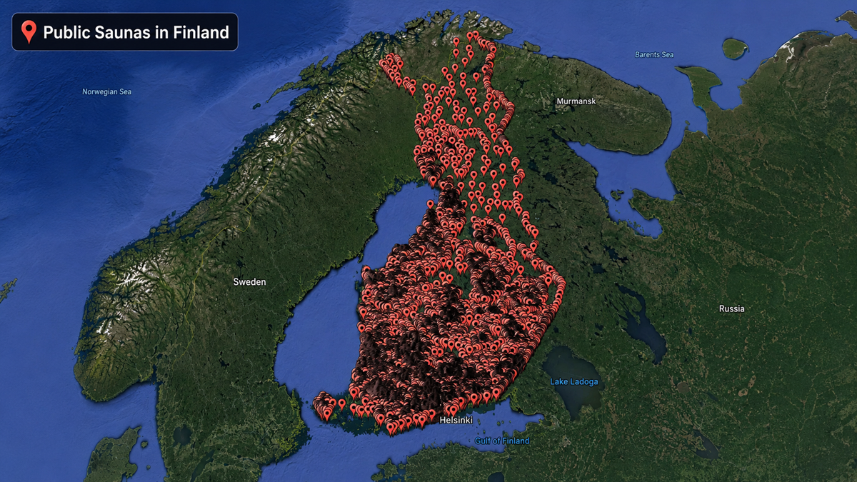 A satellite map of Finland and surrounding regions, covered with hundreds of red location pins marking public saunas throughout Finland. A label in the top left corner reads "Public Saunas in Finland.