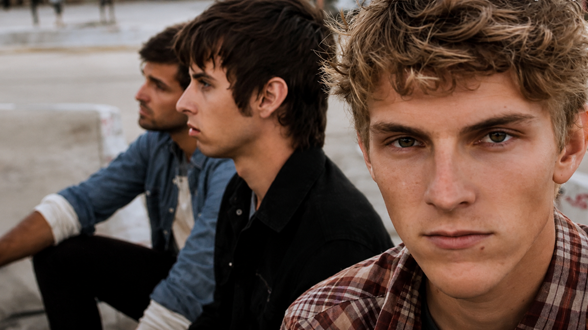 Three young men sit outside on concrete steps. The man closest to the camera has curly blond hair and wears a plaid shirt. The other two, with dark hair, are slightly out of focus and look ahead with serious expressions.