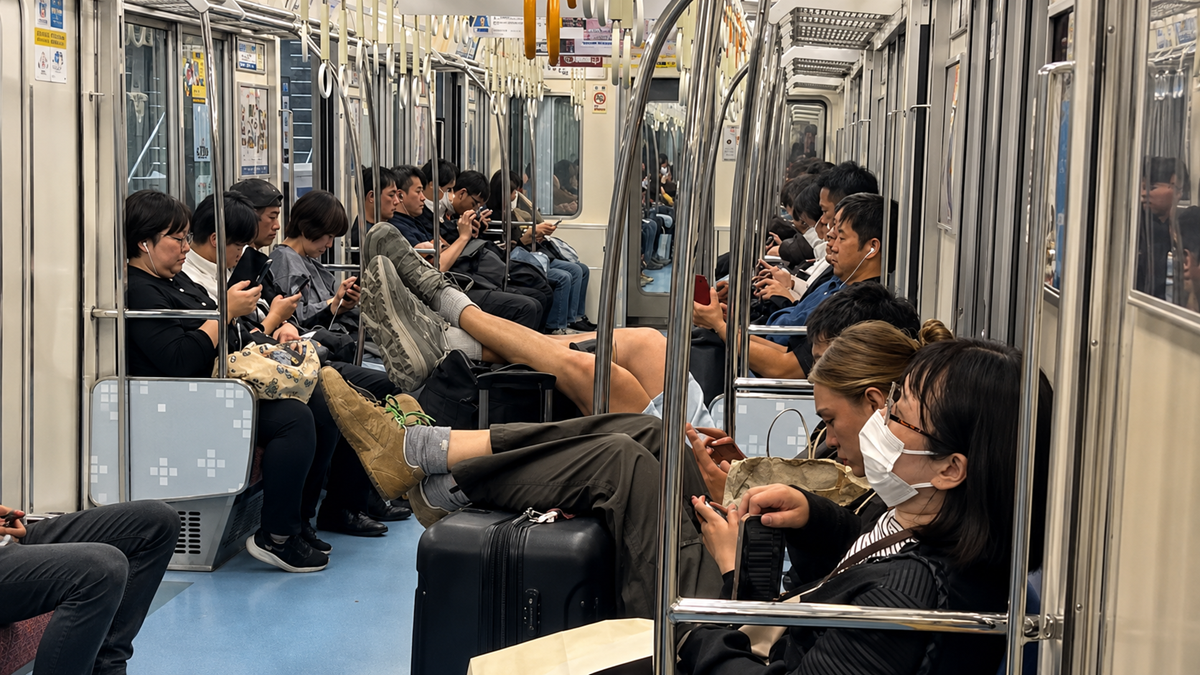 Passengers sit on a subway train, many looking at their phones. Several people have their feet up on the seats across from them. One person wears a mask. The train has metal handrails and blue flooring. Culture