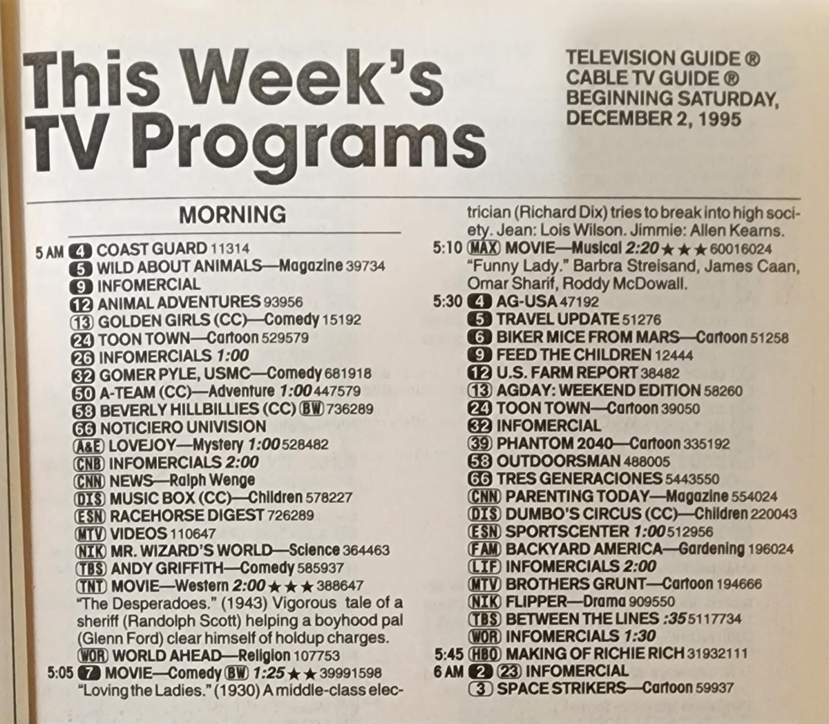 A TV guide page listing morning programs for December 2, 1995, with show titles, times, descriptions, and codes. Categories include comedy, children, movies, and cartoons.