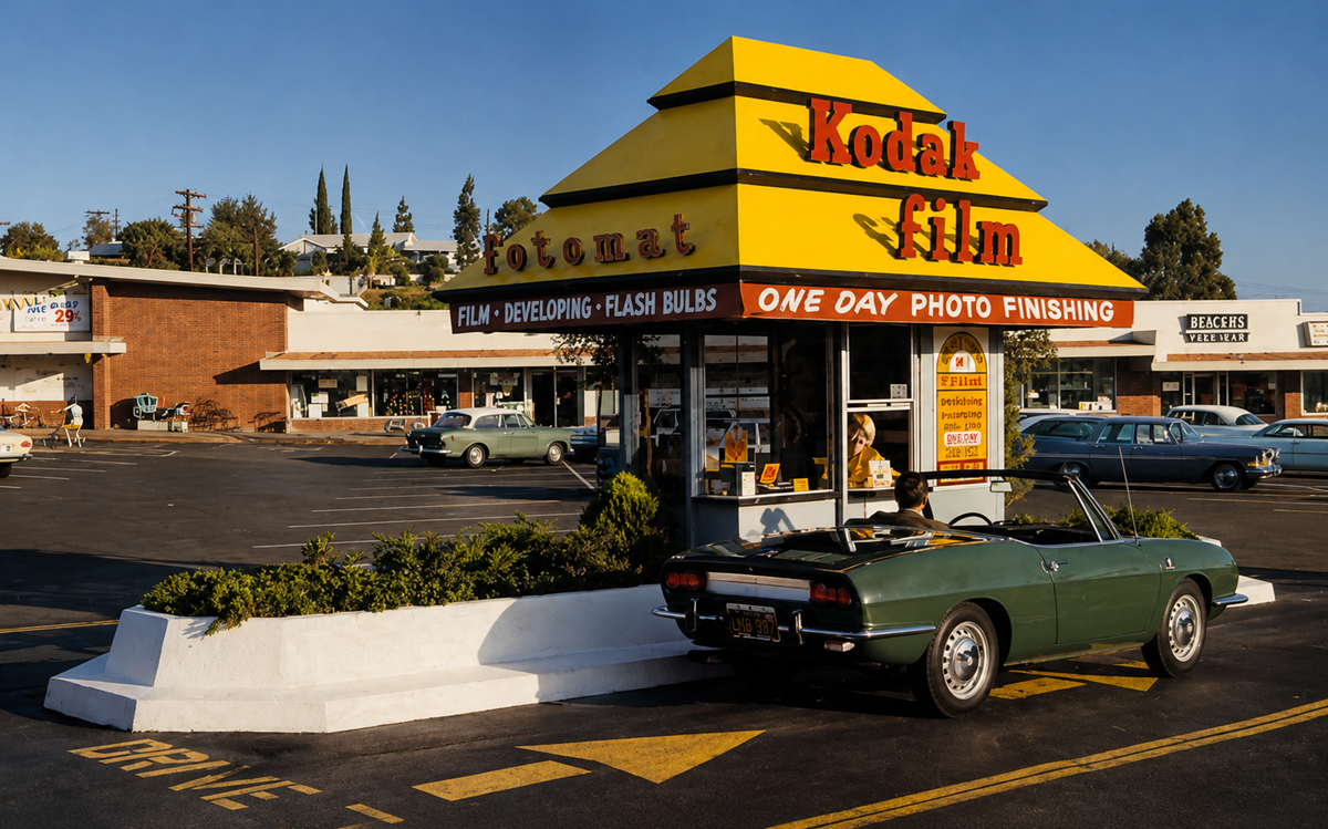 A green convertible car is parked at a vintage Kodak film kiosk in a parking lot, with retro shops and classic cars visible in the background on a sunny day.