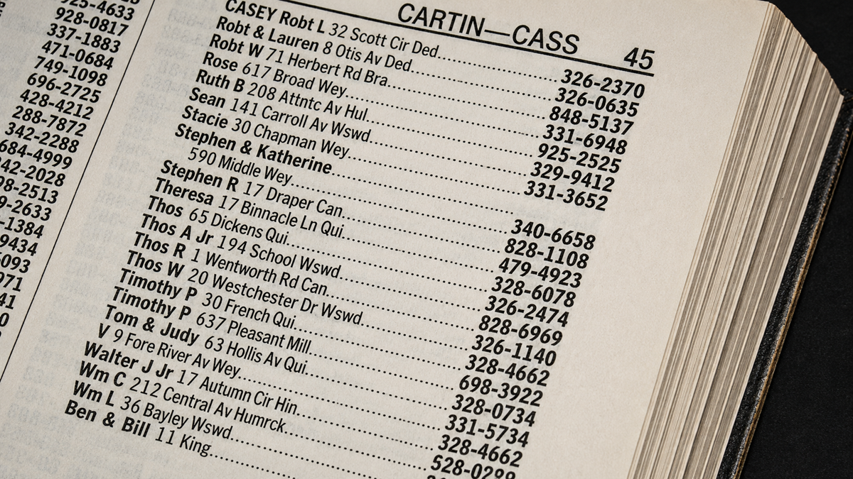 A close-up of a page from a phone book listing names alphabetically, along with addresses and phone numbers. The page features names starting with "Cartin" through "Cass.