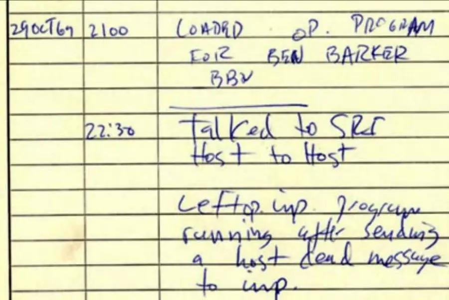 A handwritten log entry dated 29 Oct 69 shows times, names, and notes about a computer program. At 22:30 it reads, "Talked to SRI Host to Host. Logging in. Program running after sending a host dead message to IMP.