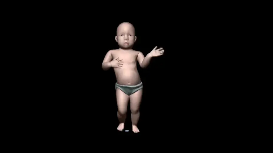 A 3D animated baby wearing only a diaper stands against a black background, with one hand raised in a waving gesture and the other resting on its chest.
