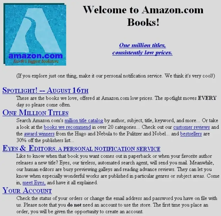 Screenshot of Amazon.com Books homepage featuring a blue "amazon.com" logo, welcome text, highlighted announcements about book titles, personal notification services, and account information, all on a white and blue background.