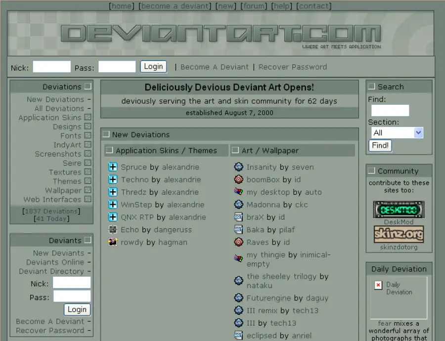 A vintage screenshot of DeviantArt’s homepage shows a gray-green interface with login fields, navigation menus on the left, and a list of new art submissions in the center under “Deliciously Devious Deviant Art Opens!”
