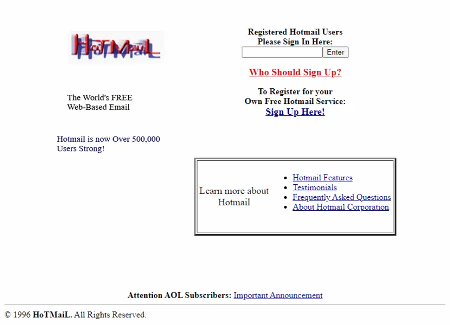 Screenshot of a vintage Hotmail homepage with options to sign in or sign up, links to Hotmail features, FAQs, testimonials, and a note for AOL subscribers at the bottom. The design is simple and text-based.