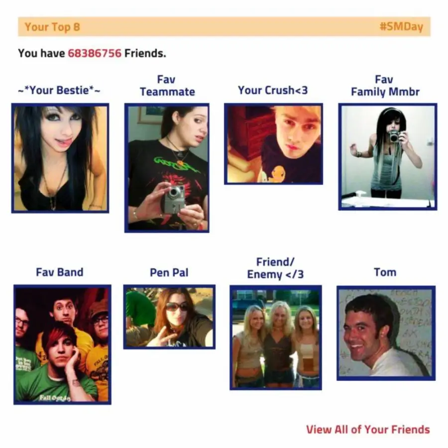 A MySpace-style "Top 8" friends list with photos and labels for each friend, including titles like "Bestie," "Crush," "Teammate," "Family Mmb," "Band," "Pen Pal," "Friend/Enemy," and "Tom.