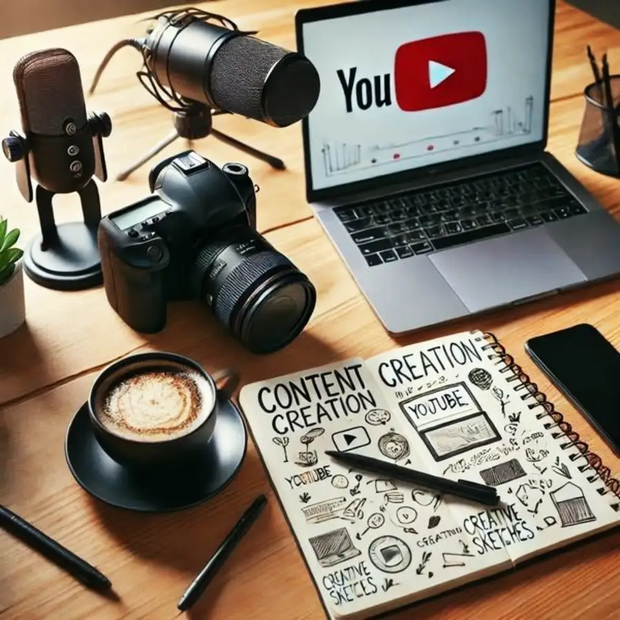 A desk with a laptop displaying the YouTube logo, microphones, a camera, pens, and a notebook with "Content Creation" and sketches, representing a workspace for making online videos.