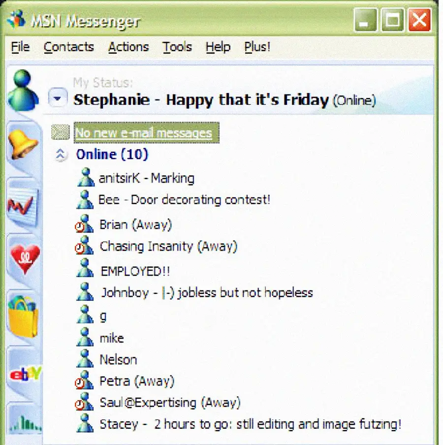 Screenshot of MSN Messenger showing a list of 10 online contacts with various status messages, such as "Happy that it’s Friday," "EMPlOYED!!," and "2 hours to go: still editing and image futzing!
