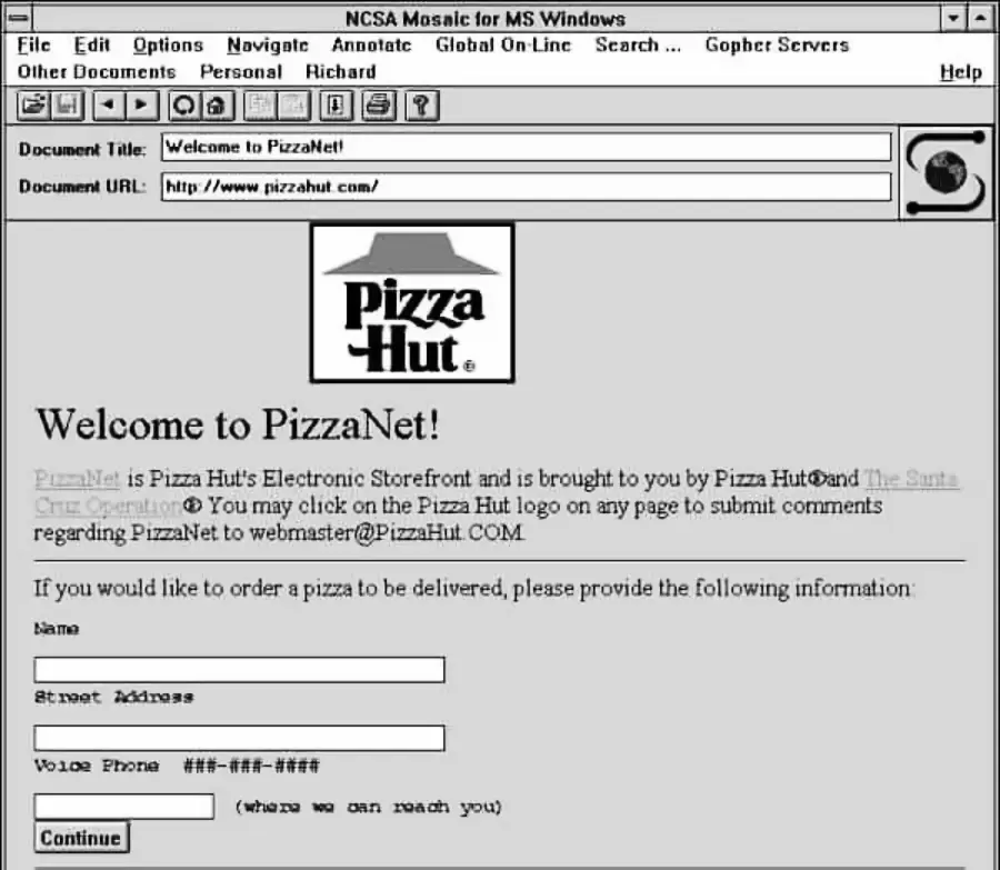 Black-and-white screenshot of the NCSA Mosaic web browser showing Pizza Hut’s PizzaNet online ordering page, featuring the Pizza Hut logo, welcome text, and fields for address and phone number.