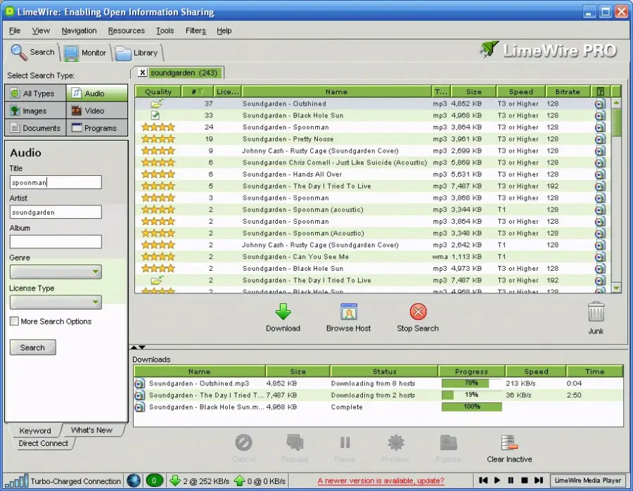 A screenshot of the LimeWire PRO file-sharing program shows a search for “Soundgarden,” displaying a list of audio files to download, rating stars, file info, and download progress bars on a Windows XP interface.