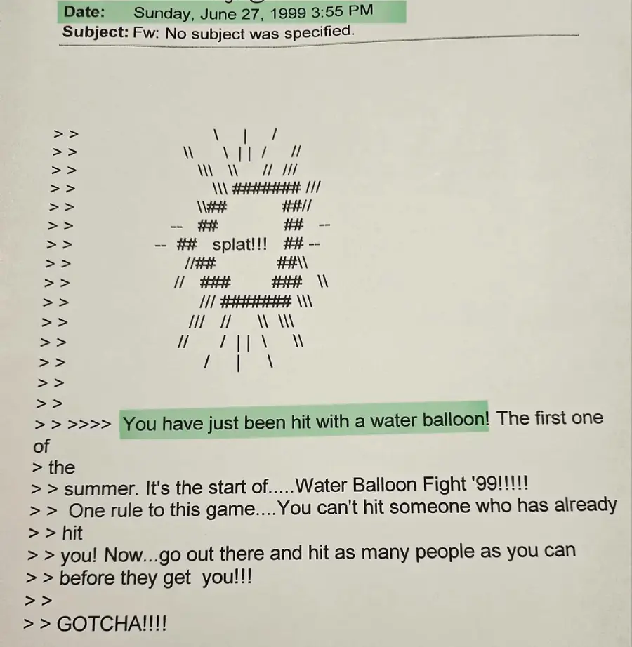 An email from June 27, 1999, shows ASCII art of a water balloon splatting with the message, "You have just been hit with a water balloon!" and rules for a playful water balloon fight.
