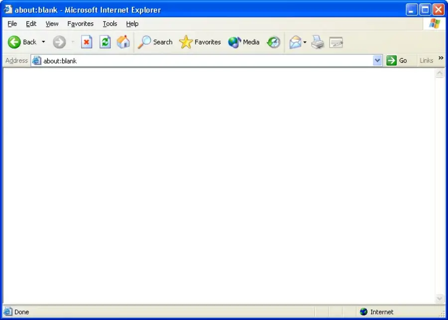 A screenshot of an empty Internet Explorer browser window on Windows XP, displaying "about:blank" in the address bar. The toolbar and menu options are visible at the top.