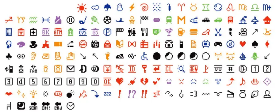 A grid of colorful small icons, including zodiac signs, weather symbols, arrows, faces, objects like clocks, phones, tools, hearts, sports equipment, clocks, and various shapes in orange, blue, black, green, purple, and red.
