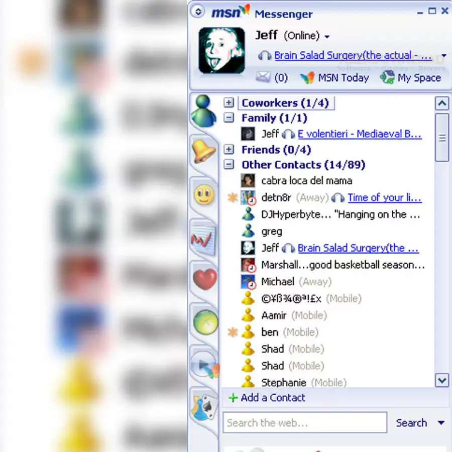 Screenshot of an old MSN Messenger chat window, showing online contacts with various colored status icons, user statuses, and chat options on the side. The background is blurred with more contact icons.