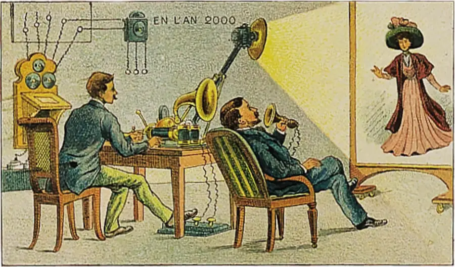 Two men use a vintage video call device with large horns and wires to see and hear a woman projected on a screen, in a retro-futuristic depiction labeled “EN L’AN 2000.”