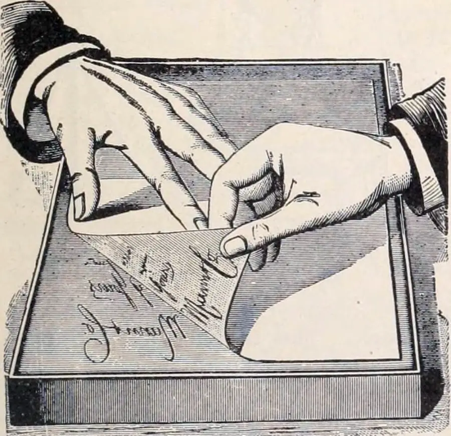 A black and white illustration of two hands lifting a page with cursive writing from a rectangular book or document.