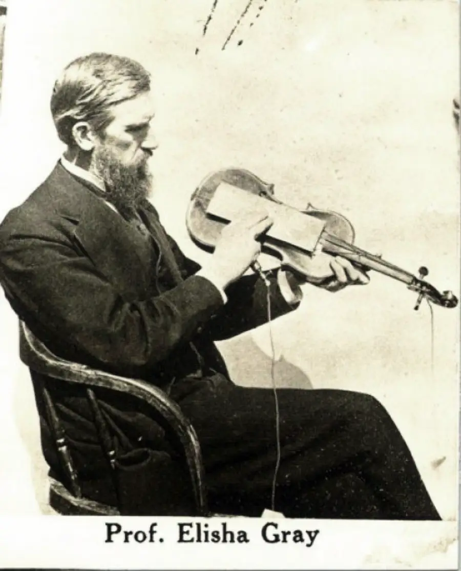 A bearded man in a suit, labeled “Prof. Elisha Gray,” sits on a chair holding a violin with wires and a rectangular attachment, examining it closely.