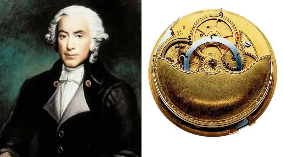 A painted portrait of an 18th-century man in formal attire is shown next to an intricate, gold mechanical watch movement.