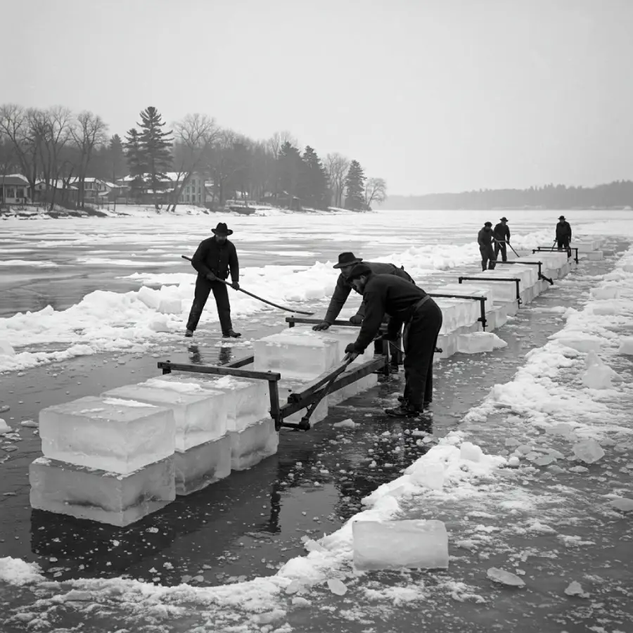 Five people in winter clothing use tools to move large blocks of ice across a frozen river, with houses and trees visible in the background under a cloudy sky.