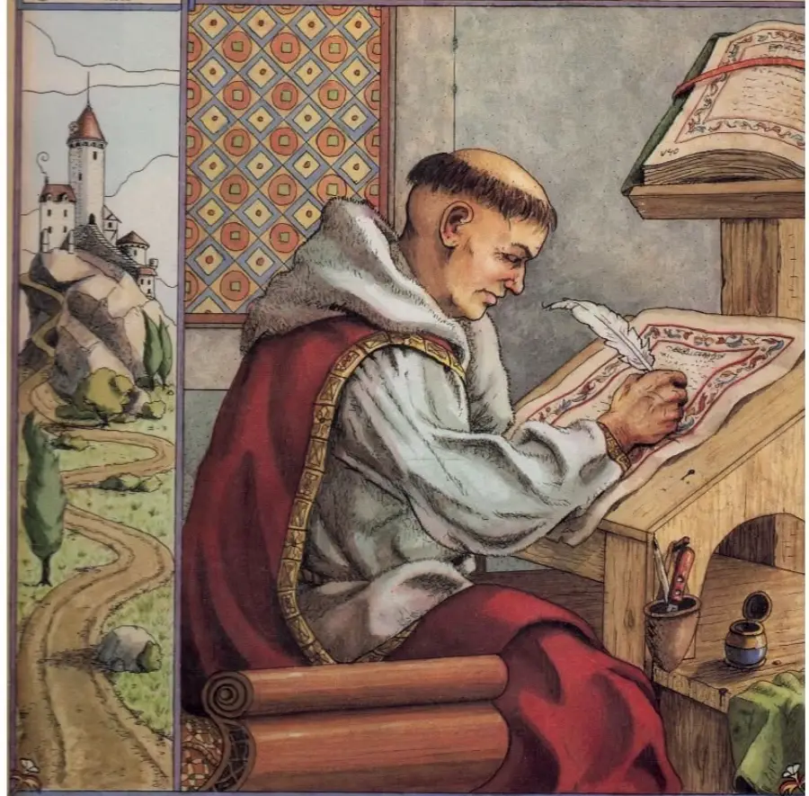 A medieval monk in a red robe writes in a large book with a quill at a wooden desk, with another book open above. A castle on a hill appears in the window to the left.