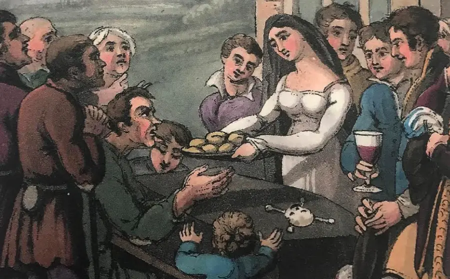 A woman in a white dress serves bread to a seated man while a group of people watch; a child reaches toward the table, which has a goblet, food, and a skull with crossbones.