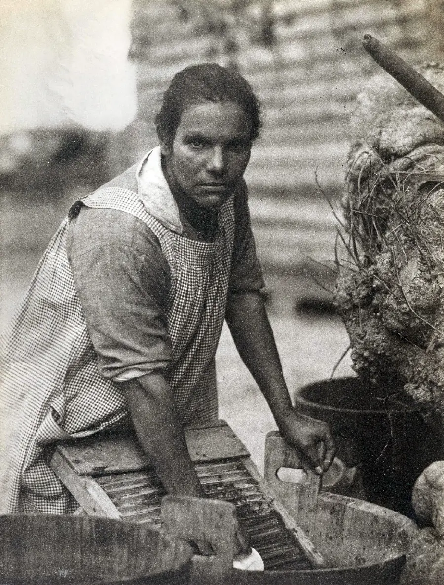A woman in a checkered apron washes clothes on a washboard, looking directly at the camera, with large bundles and barrels nearby.