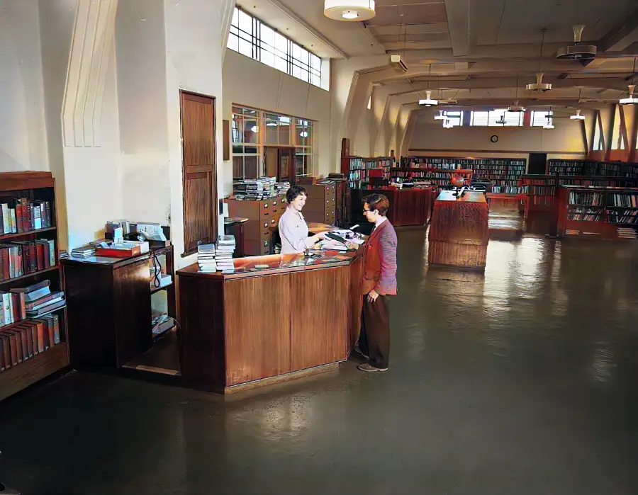A person wearing a mask stands at a library desk, interacting with a librarian. Bookshelves filled with books and large windows are visible in the background.