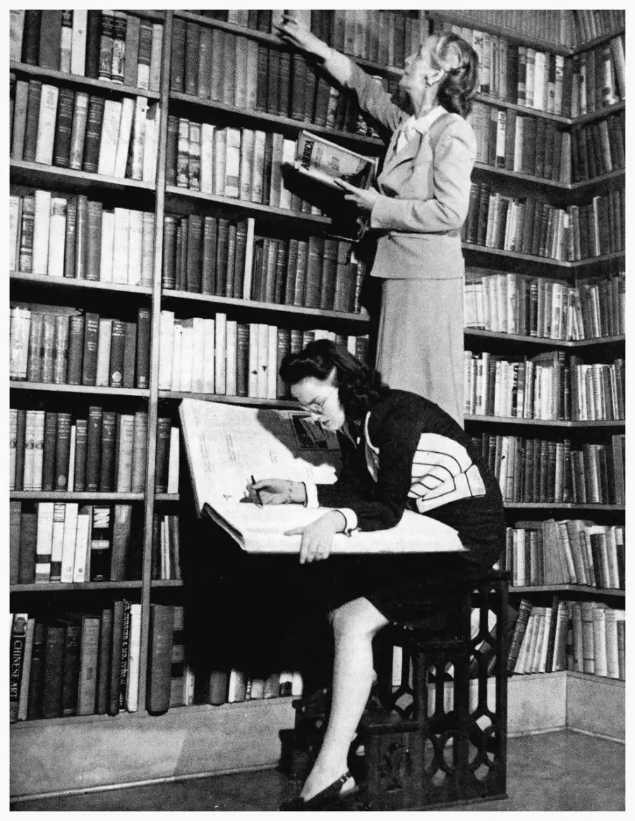 Two women in a library, one reaching for a book on a high shelf, and the other sitting and writing in an oversized book placed on her lap, surrounded by tall bookshelves filled with books.