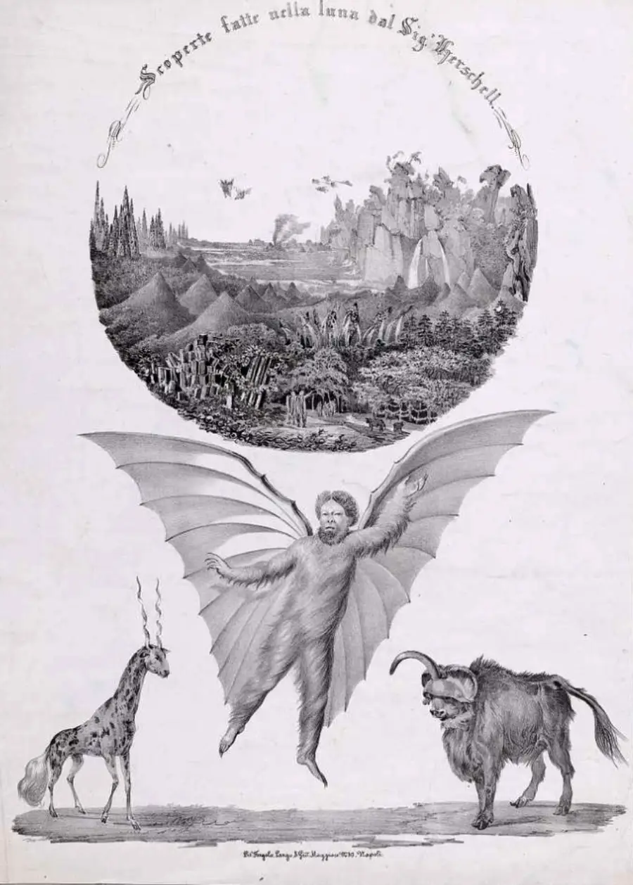 A person with bat-like wings hovers between a unicorn and a horned beast, with a circular scene above showing people and unusual landscapes, all in black-and-white.