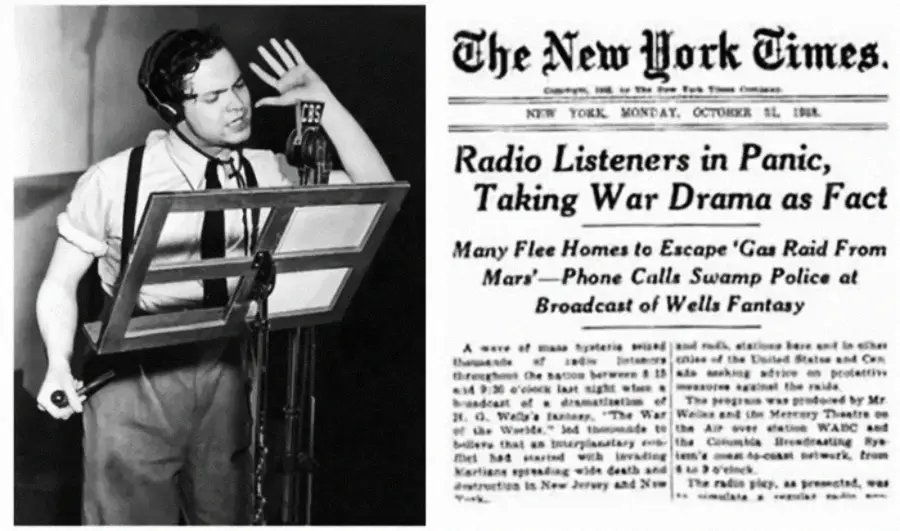 Black-and-white photo of a man speaking into a microphone and a vintage New York Times front page with the headline about panic over the "War of the Worlds" radio broadcast.